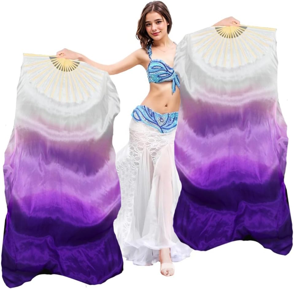 1 par de velos de seda hechos a mano para danza del vientre, abanicos largos de bambú para bailar