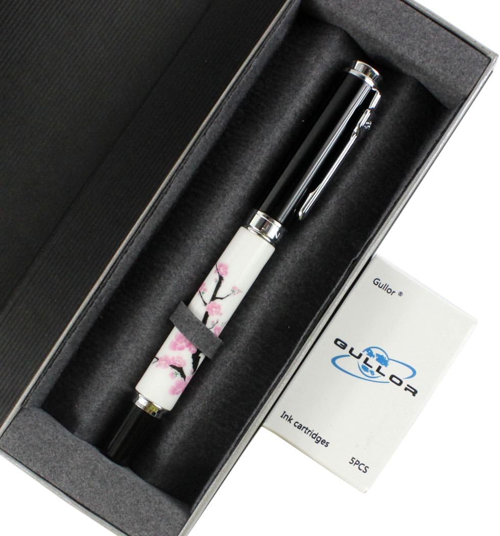 Gullor Elegante pluma estilográfica Jinhao 8802 Plum Flower con caja de regalo y cartuchos de tinta