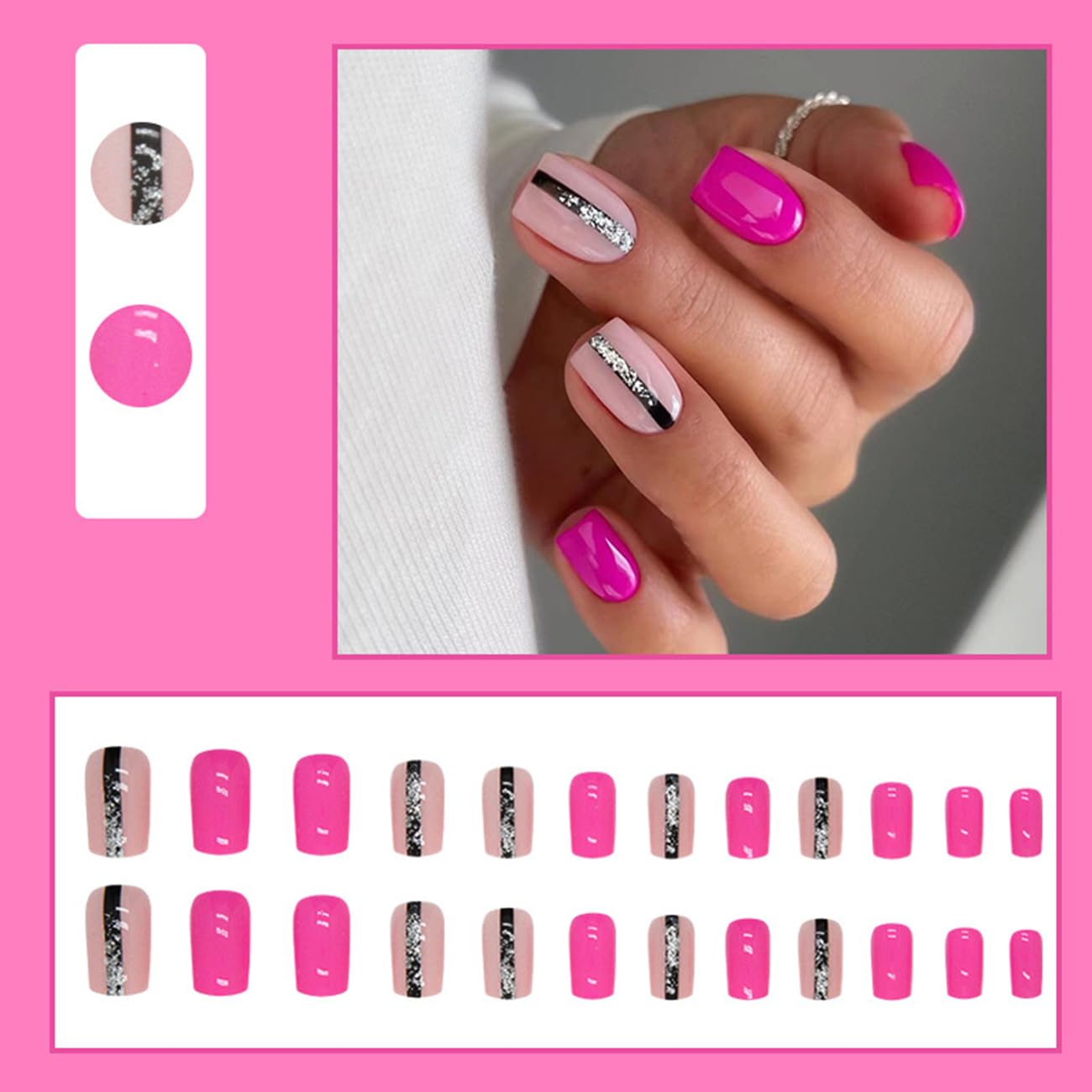 24 uñas postizas a presión, color rosa brillante con diseños, uñas postizas de cobertura completa, uñas postizas de acrílico artificiales, uñas