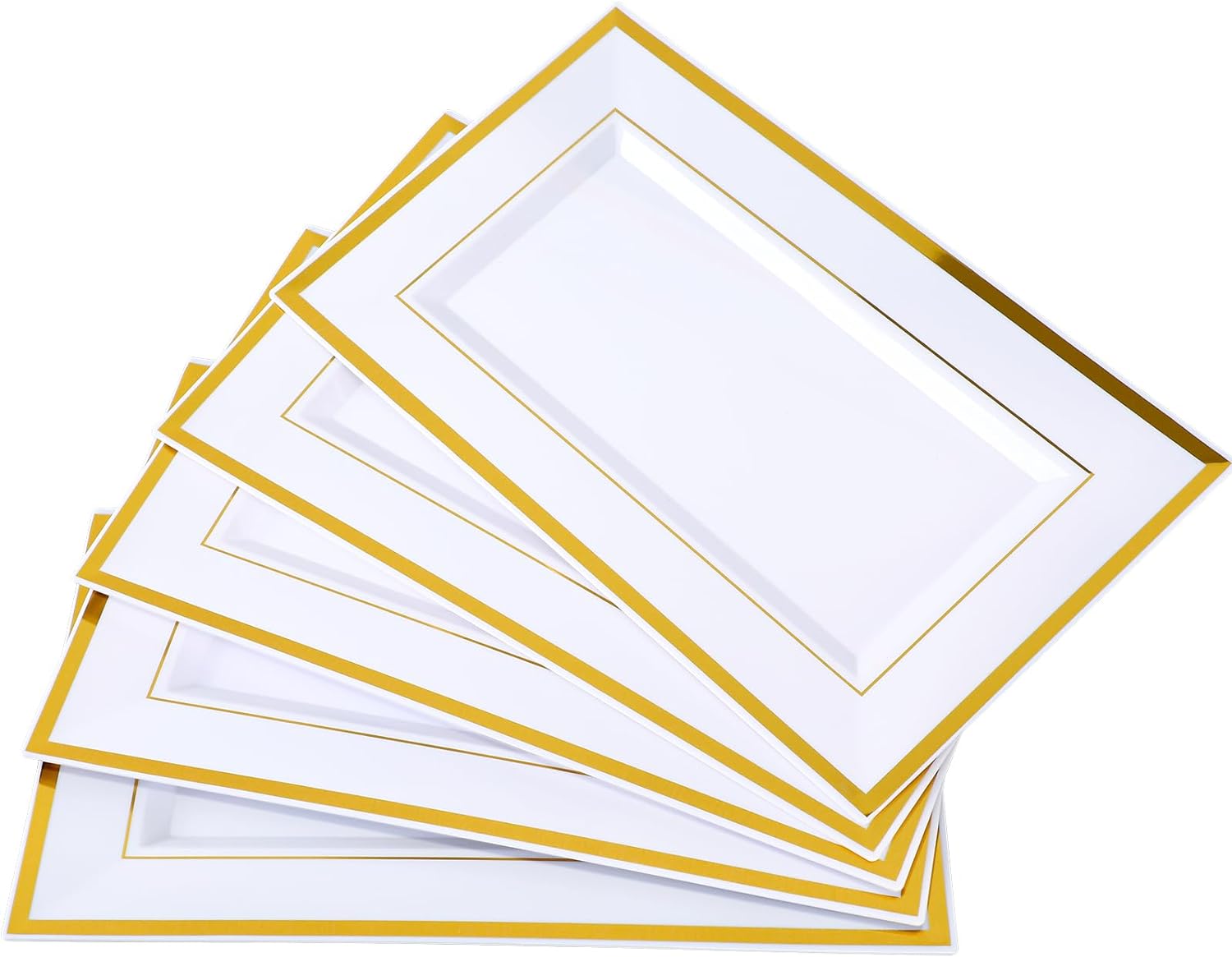 12 bandejas de plástico blanco para servir con borde dorado, bandejas rectangulares de postre de 14 x 9 pulgadas para mesa de postre, platos