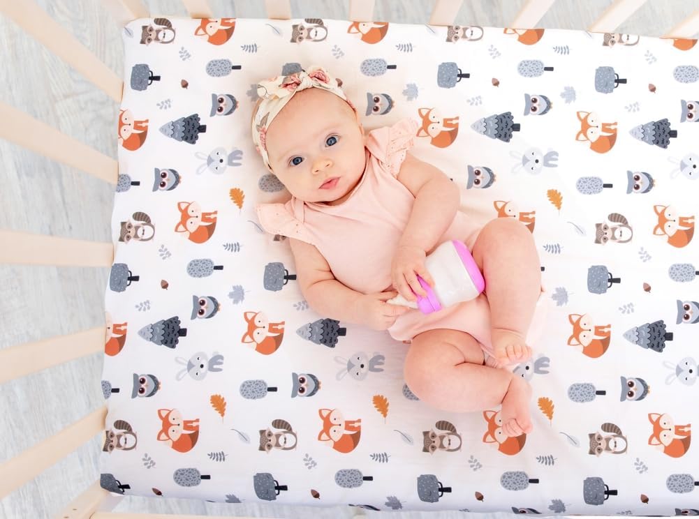 Juego de 4 sábanas ajustables unisex para cuna de bebé, diseño de animales del bosque del bosque, de madera, neutro, para bebés, niños o niñas, zorro