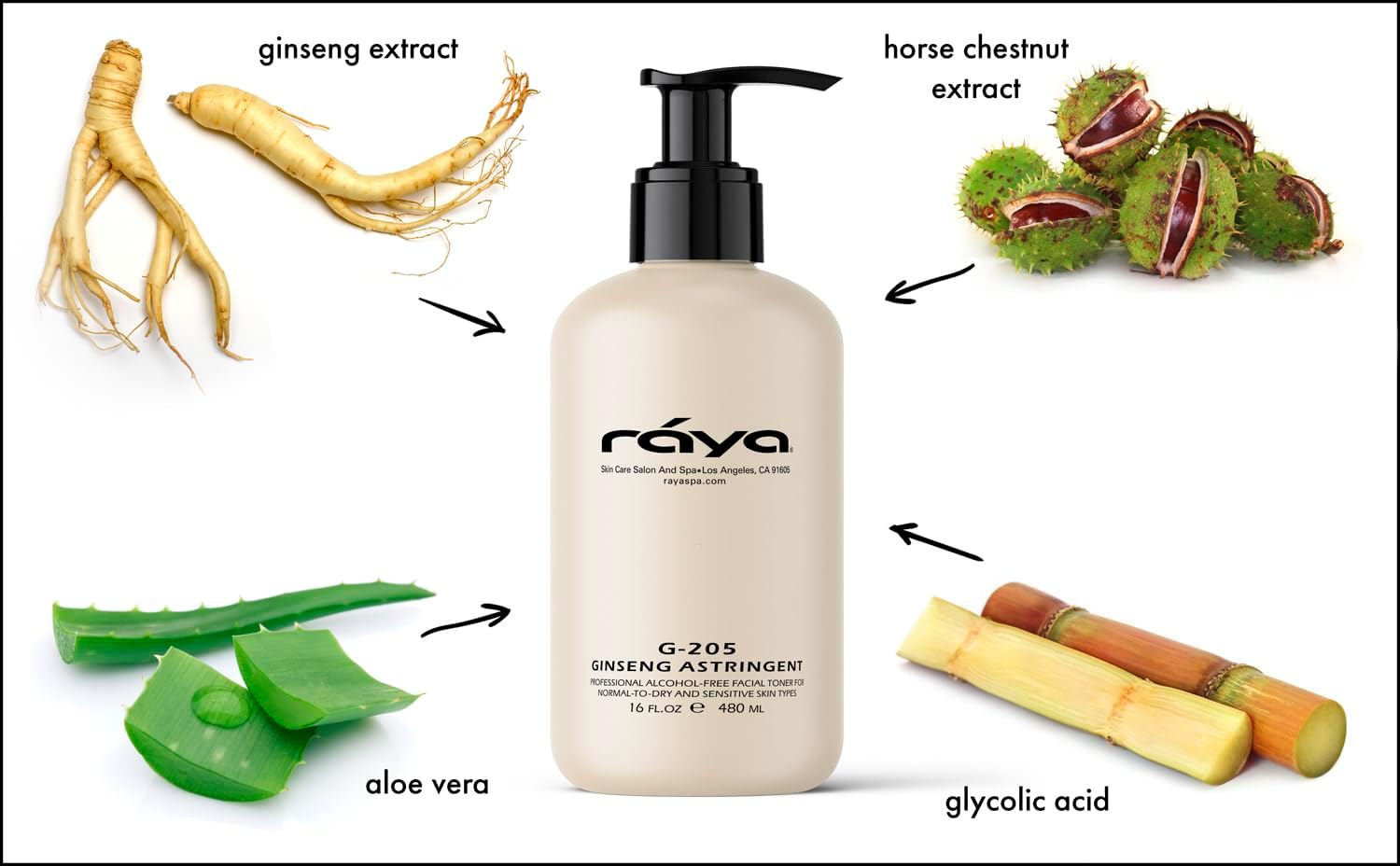 RAYA Ginseng Astringent con AHA 16 oz (G-205)  Tónico facial glicólico suave para piel seca y sensible  Ayuda a apretar los poros, suavizar la tez y