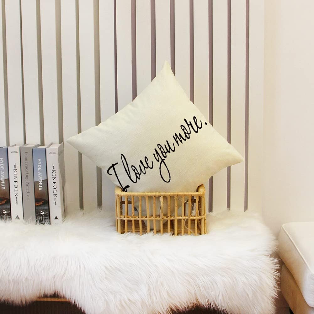 Ogiselestyle I Love You More – Funda de almohada de lino y algodón para el hogar, funda de cojín decorativa para sofá, 18 x 18 pulgadas