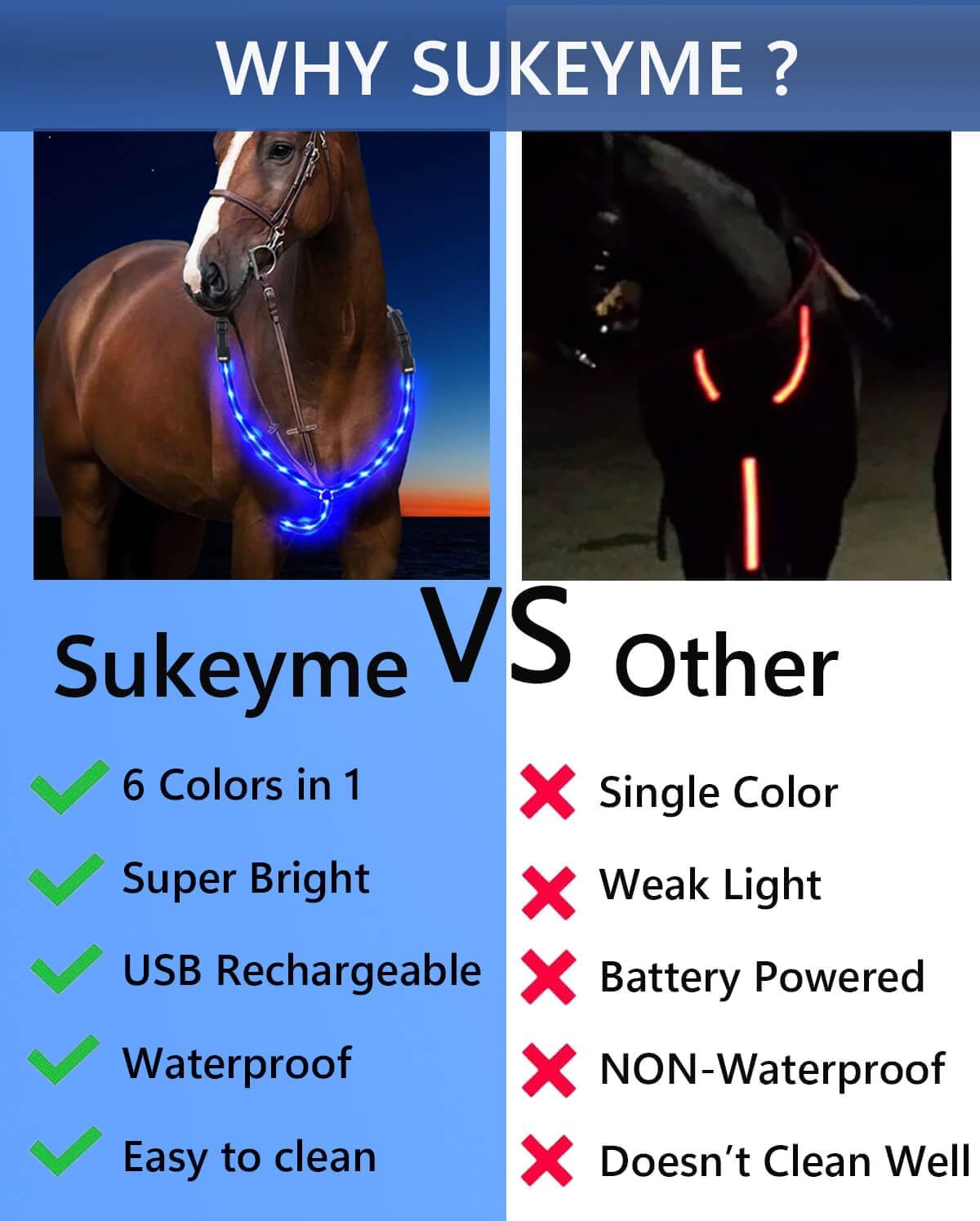 Collar de pectoral de caballo LED, 6 colores en 1 con luz para caballo, arnés LED recargable por USB, visibilidad y seguridad añadida para montar a