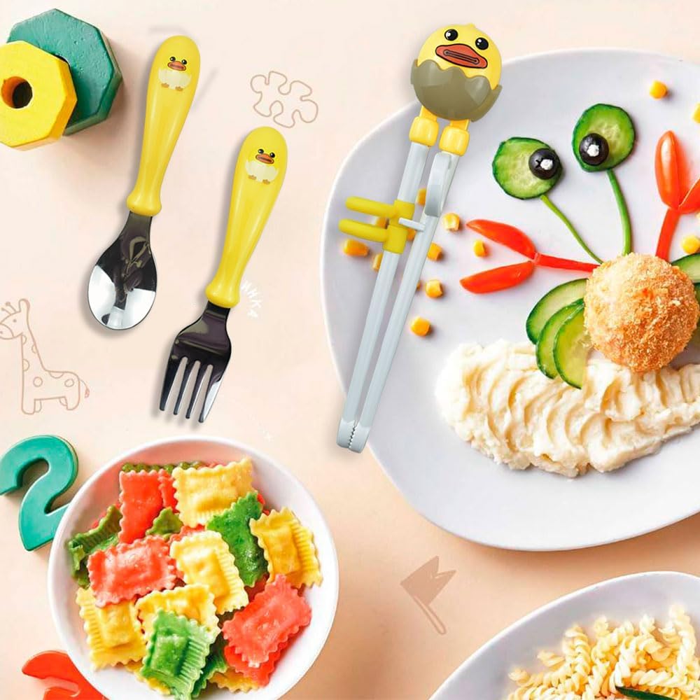 Juego de palillos para niños, juego de palillos de entrenamiento para niños y principiantes, juego de palillos de pato amarillo, cuchara, tenedor y