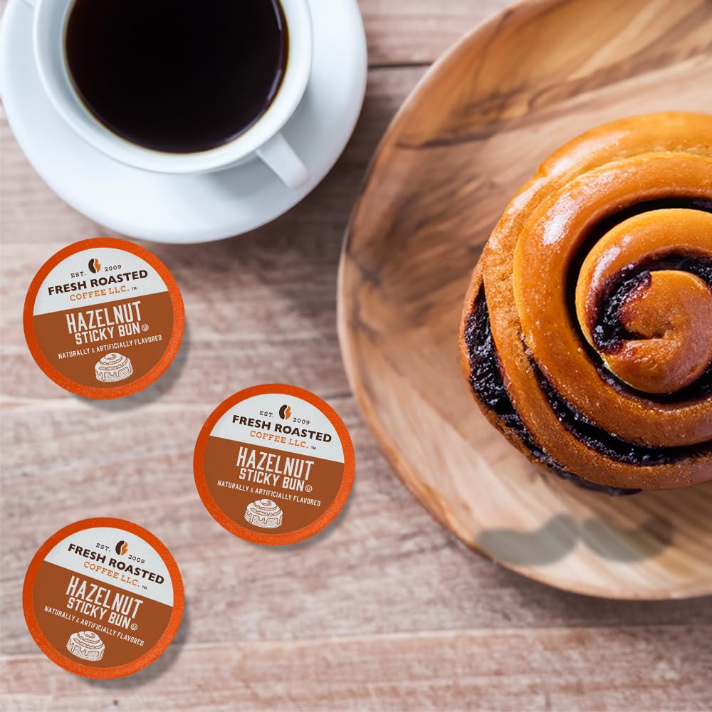 Fresh Roasted Coffee, Bollo adhesivo de avellana, cápsulas de café saborizadas, compatible con K-Cup, 24 unidades