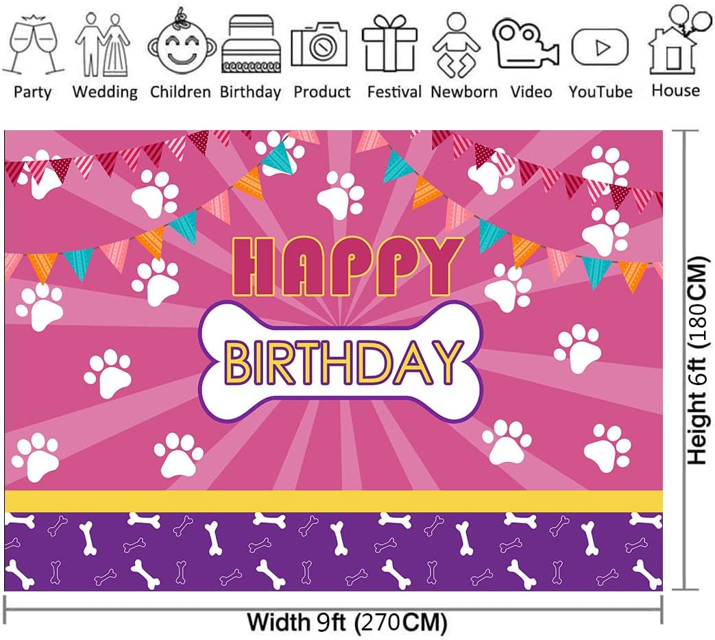 DLA149C – Telón de fondo rosa de cumpleaños con diseño de patas de perro de mascota, para niños, bebés, niñas, feliz cumpleaños, decoración de mesa,
