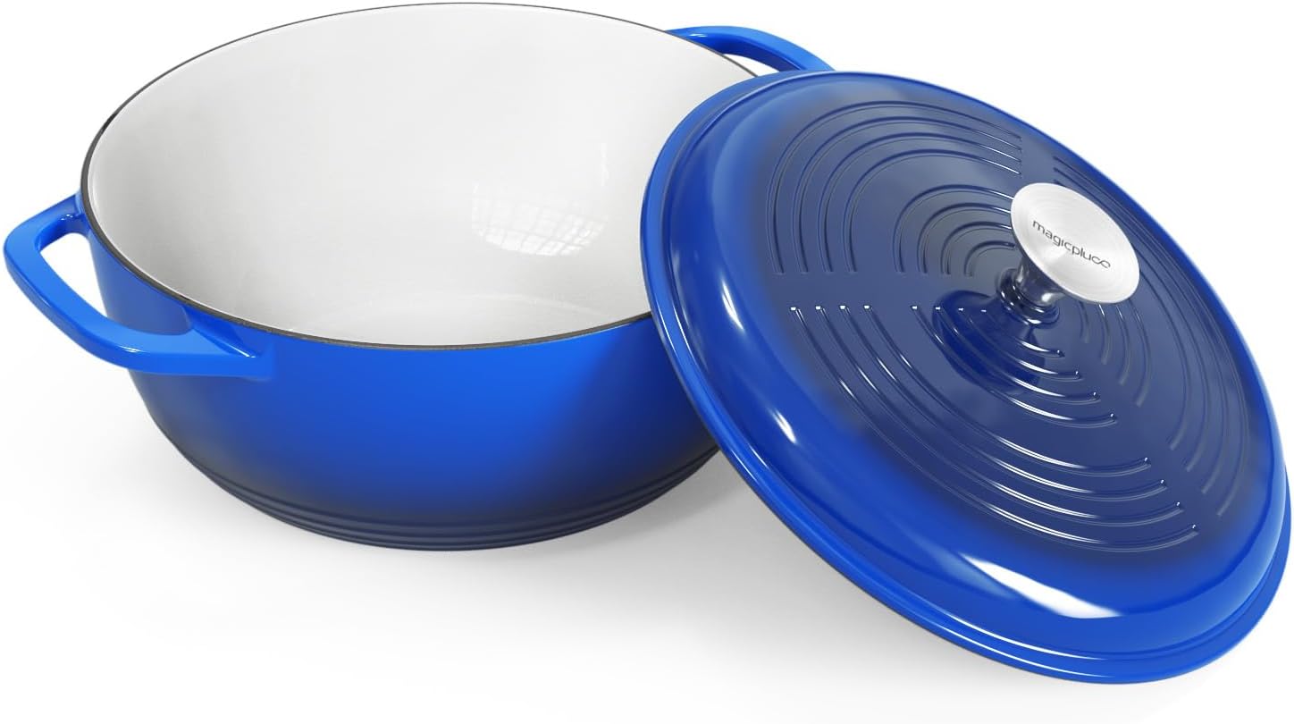 Olla de horno holandés con tapa, horno holandés de hierro fundido esmaltado, 6 cuartos de galón, olla de hierro fundido para cocinar, azul