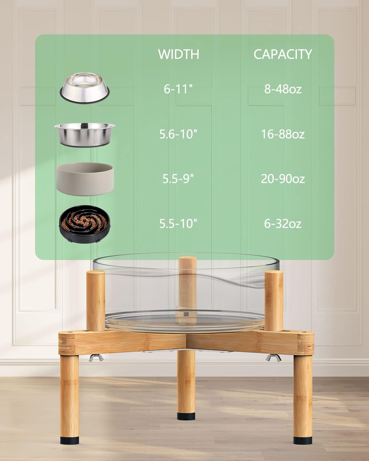 Vantic Soporte para cuenco para perros, soporte elevado ajustable para alimentos para perros de 6.5 a 11 pulgadas de ancho, soporte elevado de bambú