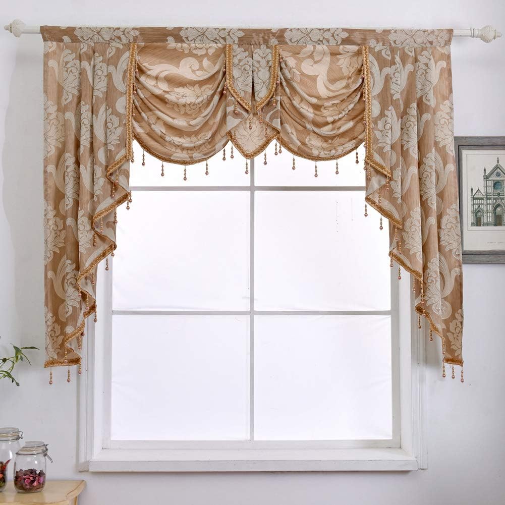 NAPEARL Cenefa de cascada para ventanas, cenefa de damasco para sala de estar con cuentas, cenefa de cortina jacquard para ventanas (1 cenefa beige,
