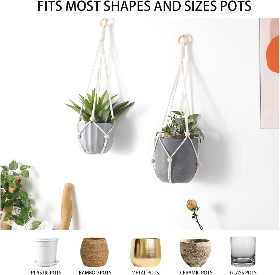 Artilady Maceta colgante para plantas de interior, colgador de plantas de macramé, soporte grande para plantas colgantes con cuentas ajustables,