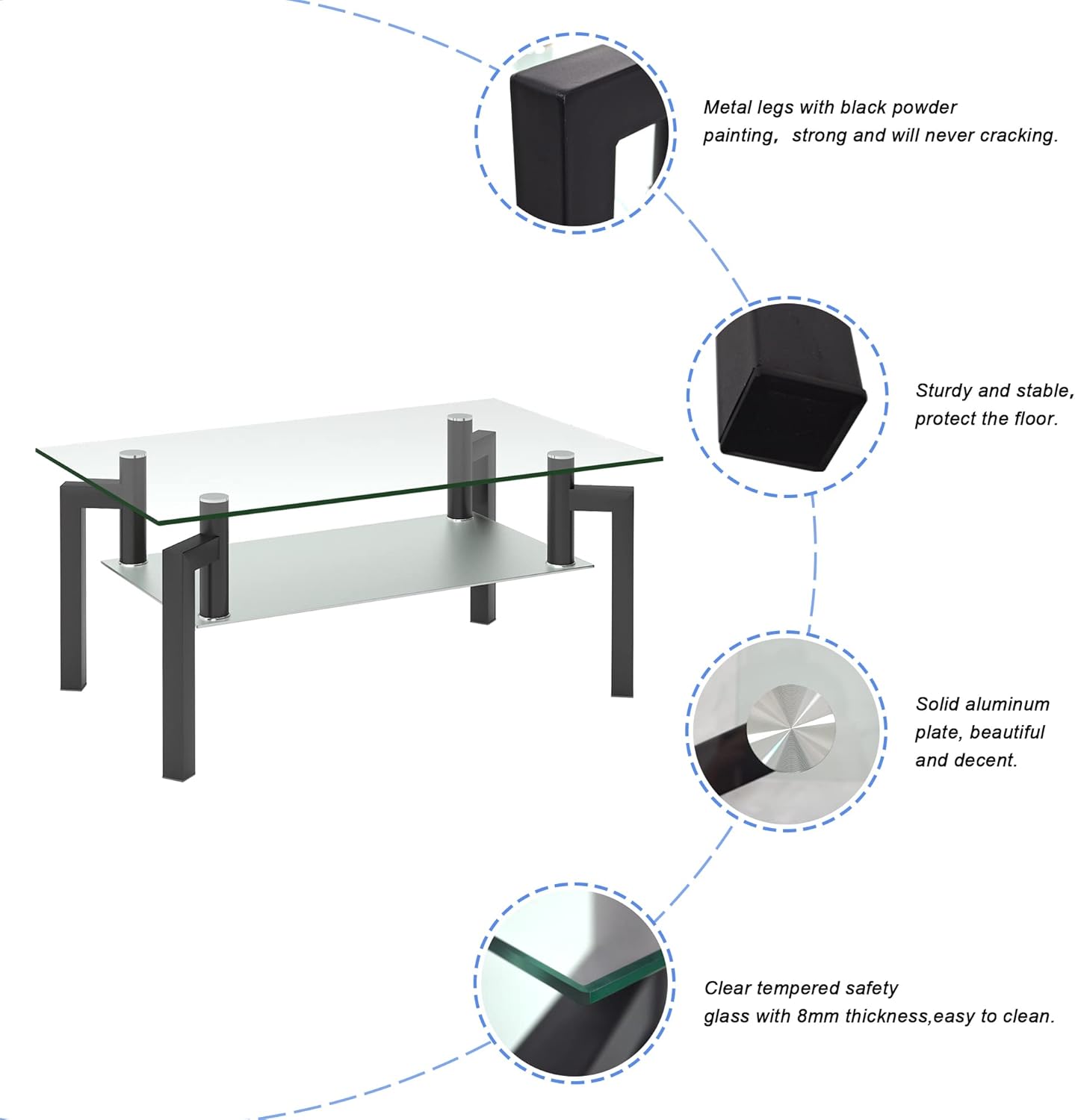 Homvdxl Mesas de centro transparentes para sala de estar, mesa de centro de 2 niveles con almacenamiento transparente y patas de metal, mesa central