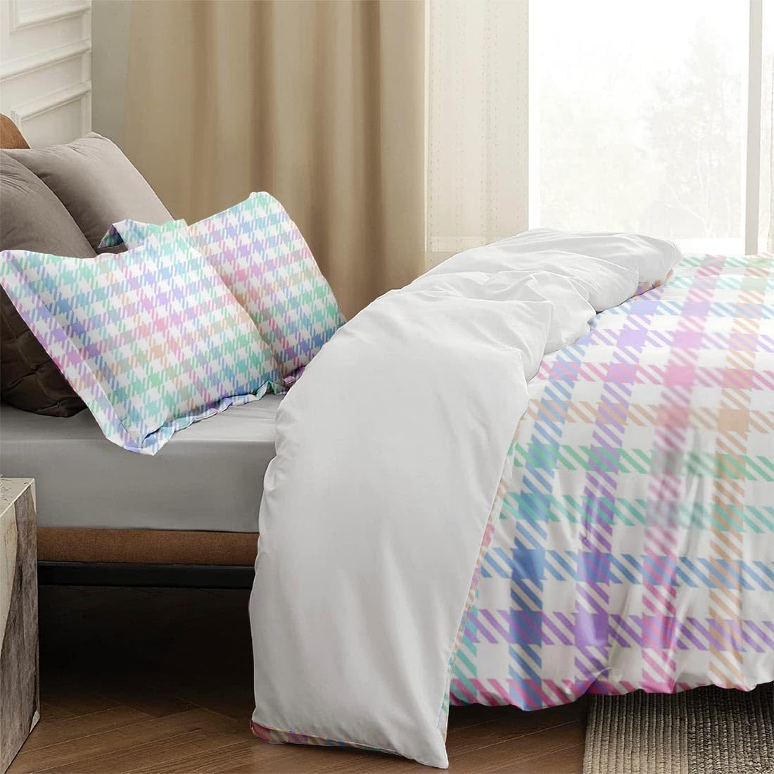 Juego de funda de edredón, juego de ropa de cama a cuadros de arcoíris dulce a cuadros para niños y adultos, decoración de dormitorio colorido de
