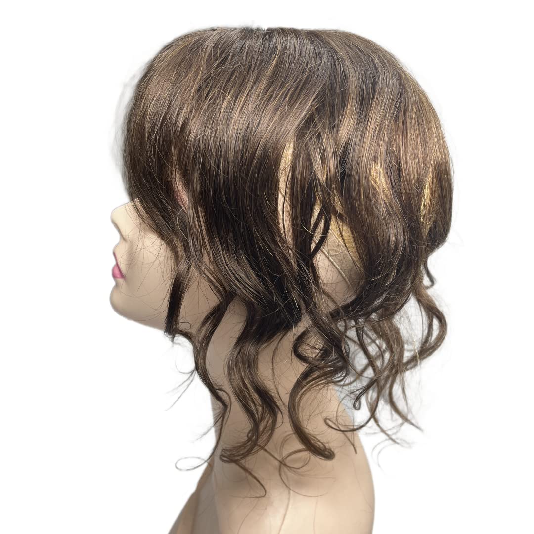 Extensiones de cabello humano ondulado con flequillo, 14 pulgadas, extensiones de cabello humano brasileño natural Remy (marrón claro)