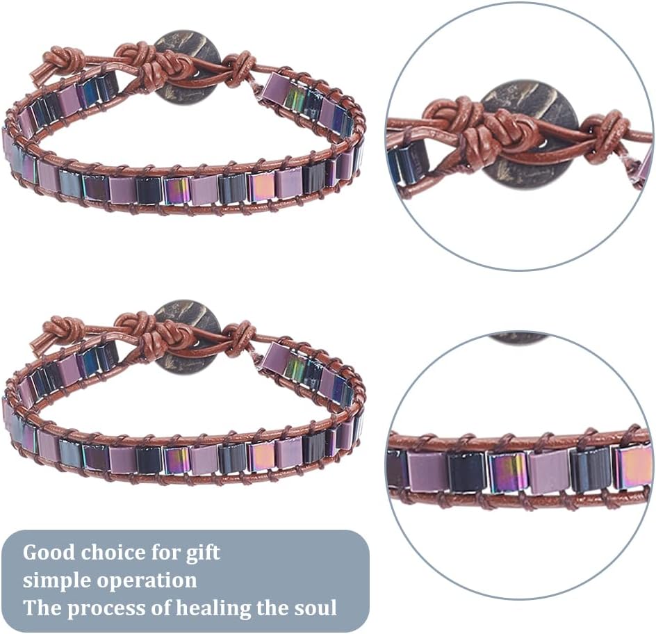 FREEBLOSS Juego de 4 pulseras de cuero con cuentas de tila, pulseras de cuero con cuentas de Tila de color metálico, kit de fabricación de pulseras