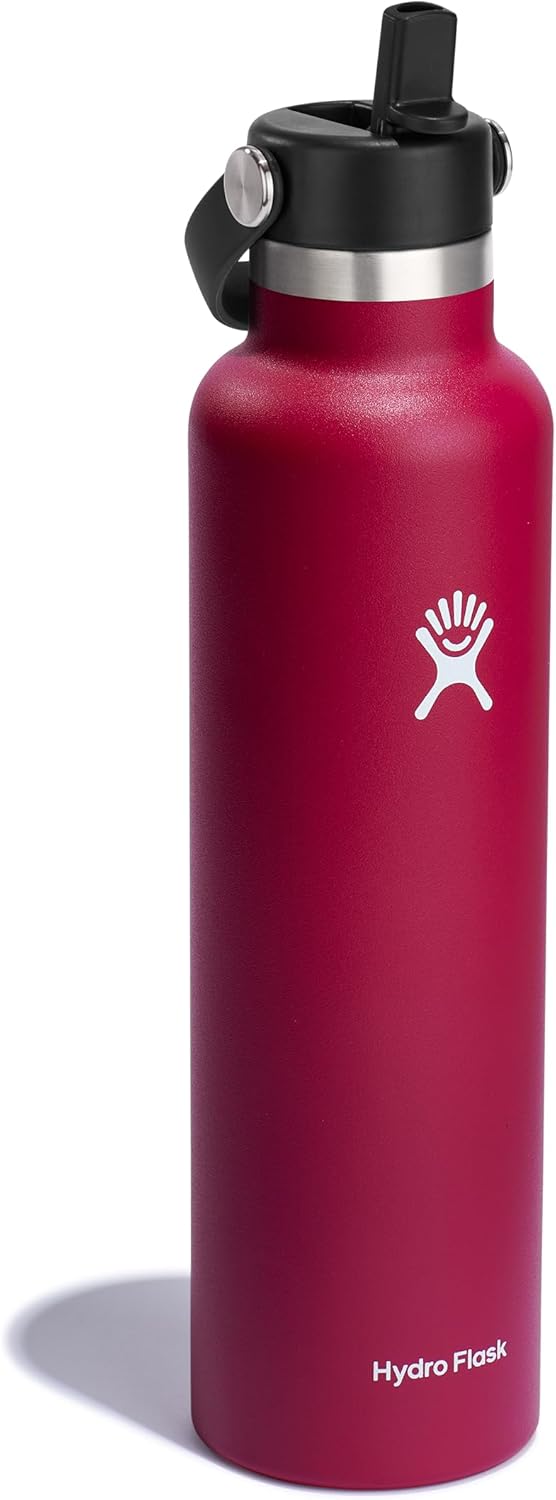 Hydro Flask Botella de boca de agua estándar de acero inoxidable de 24 onzas con tapa de popote flexible y aislamiento al vacío de doble pared