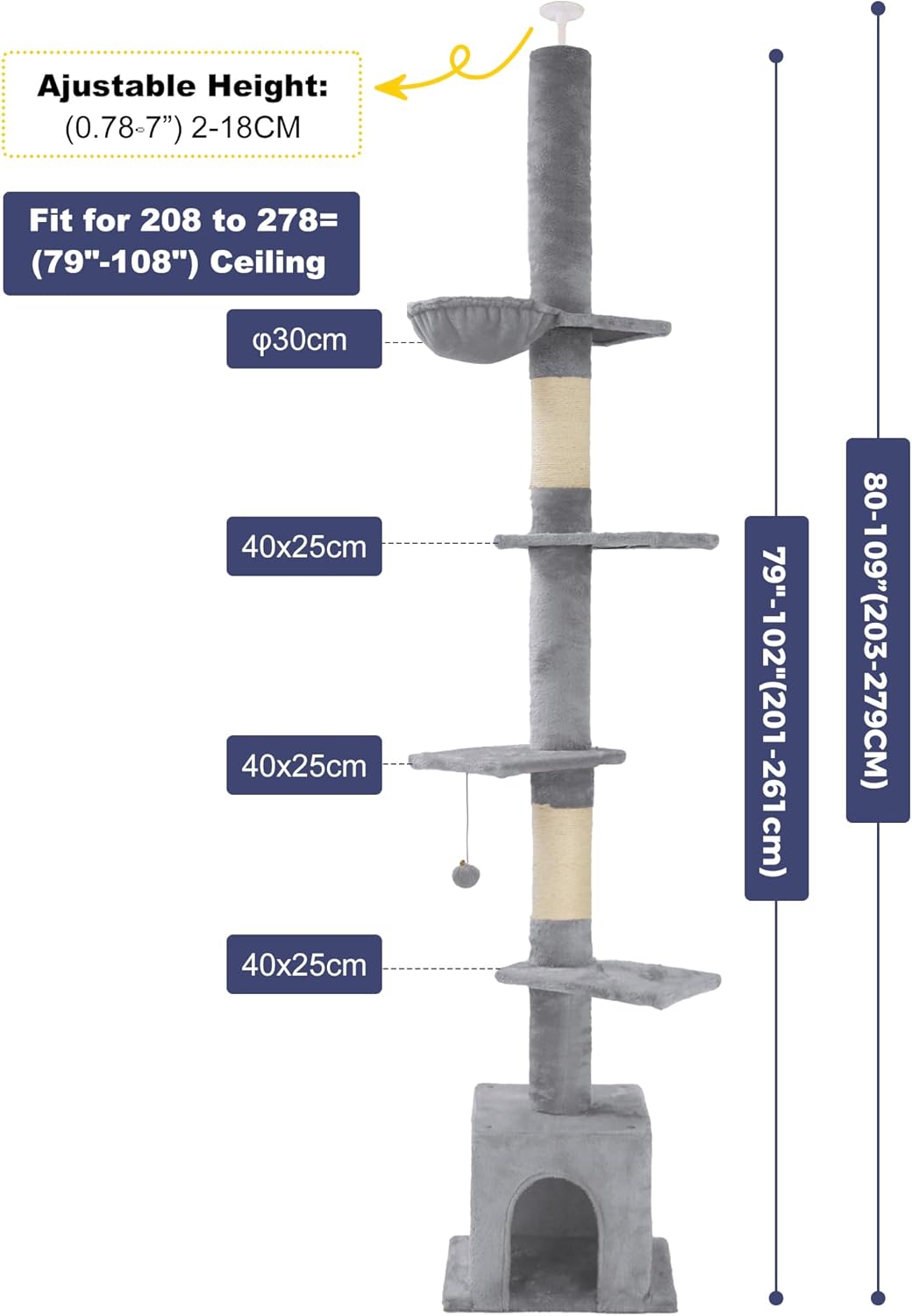 Meow Sir Árbol para gatos de piso a techo, altura ajustable 82-108 pulgadas  81.9-108.3 in Torre para gatos de 6 niveles para techo de 7 a 9 pies