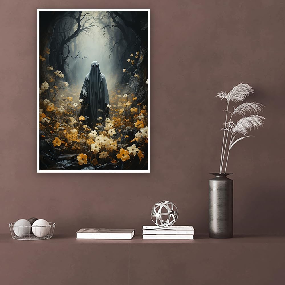 Arte de pared de fantasmas de Halloween, póster de flores y fantasmas, arte gótico, lienzo espeluznante oscuro estilo academia, pósteres de estética