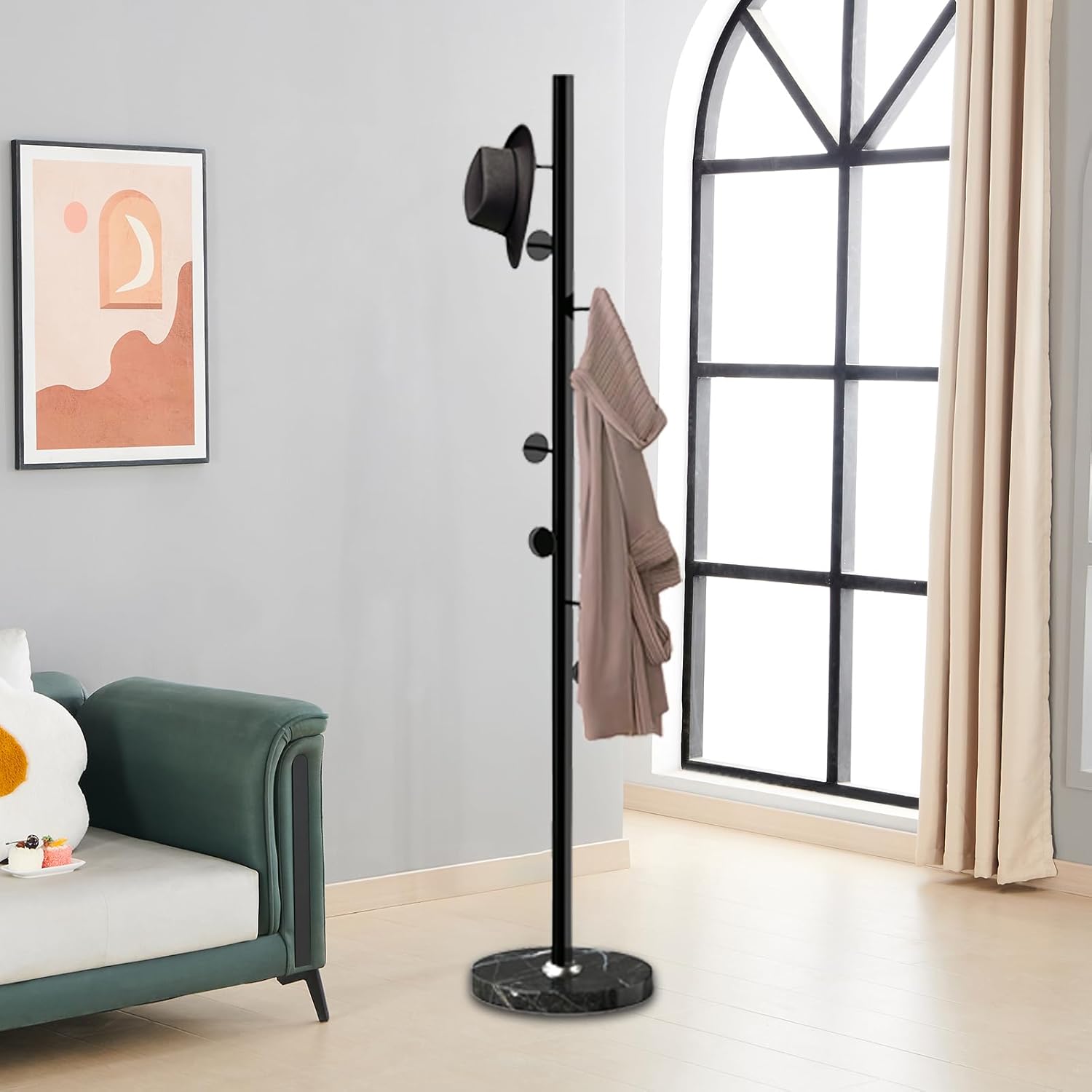 Perchero de metal independiente, resistente perchero con base de mármol natural, perchero para sombreros de árbol para entrada, pasillo, dormitorio