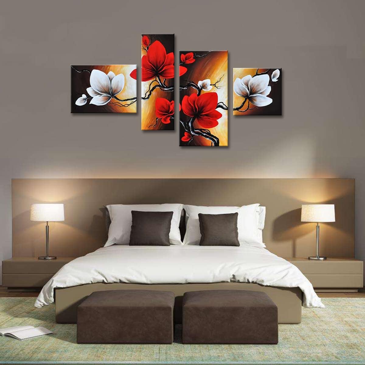 Noah Art – Lienzo pintado a mano con flores, flores de primavera y tulipán, pinturas modernas de flores, 4 paneles estirados de flores rojas,