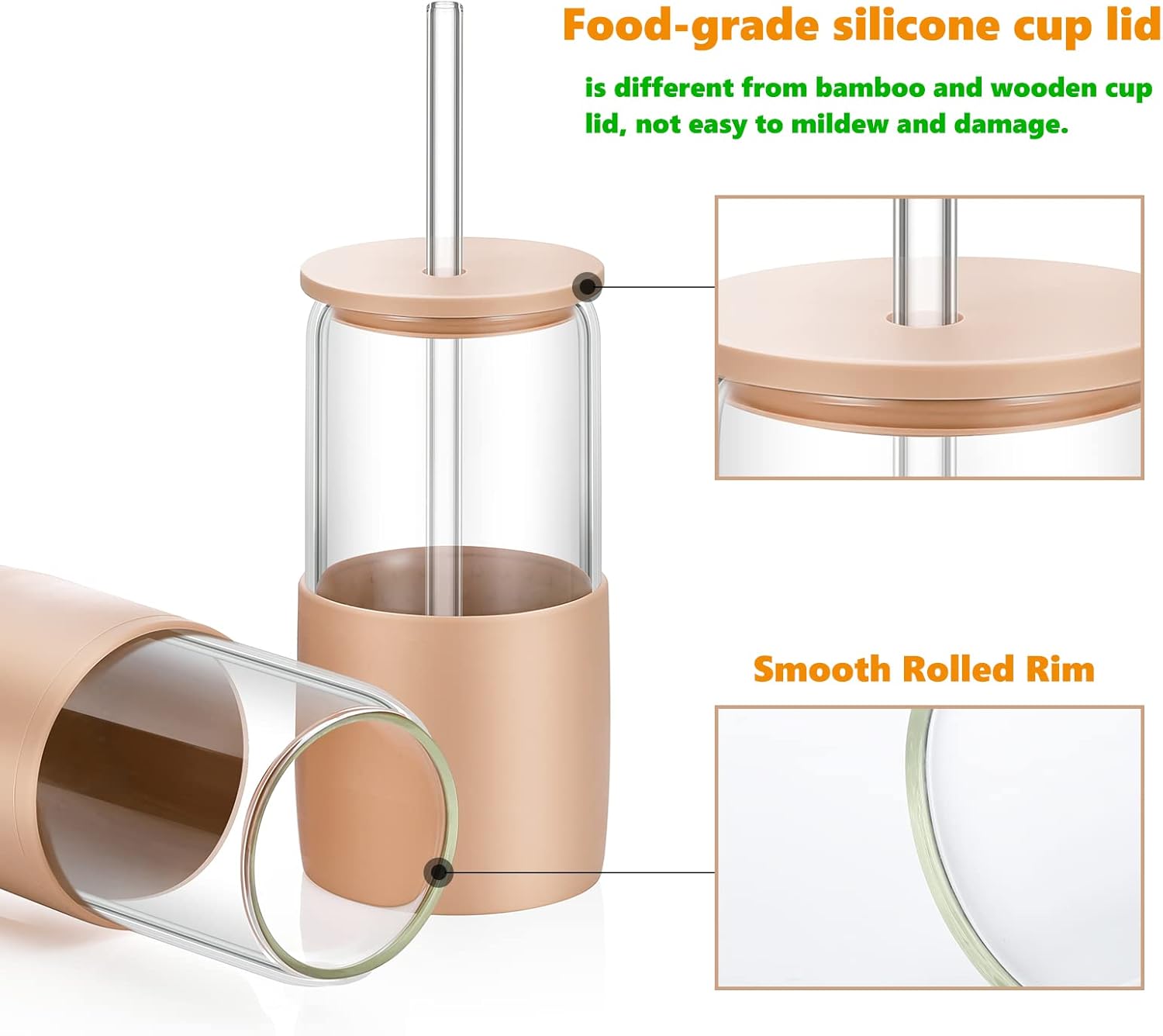 Spacenight Vasos de vidrio con tapas y popotes, vaso con tapa y pajita, taza de café helado de 16 onzas, tapas de silicona proporcionan una fuerte