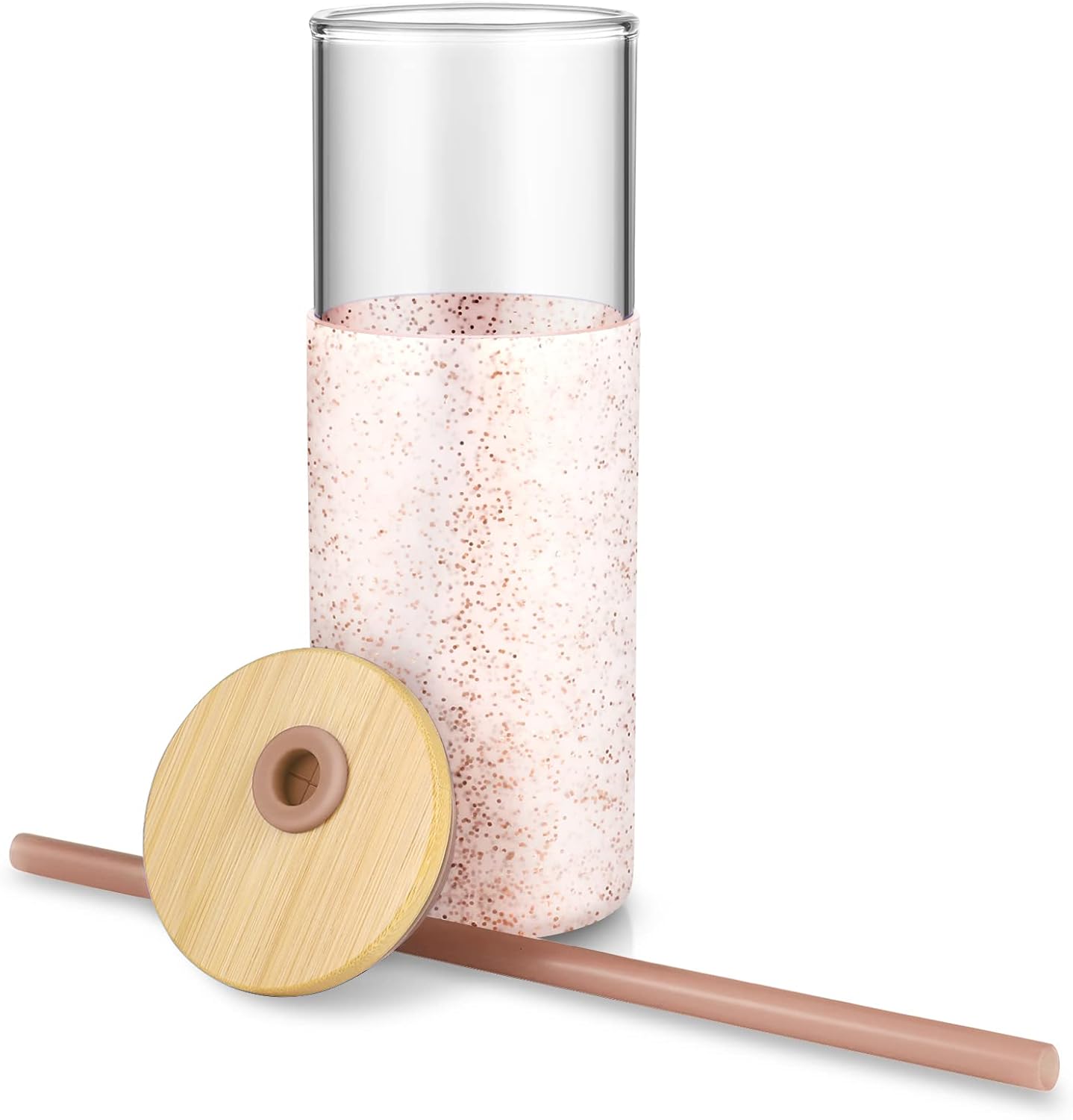 Tronco – Vaso de vidrio de 24 onzas, con pajita de silicona y tapa de bambú, libre de bisfenol A