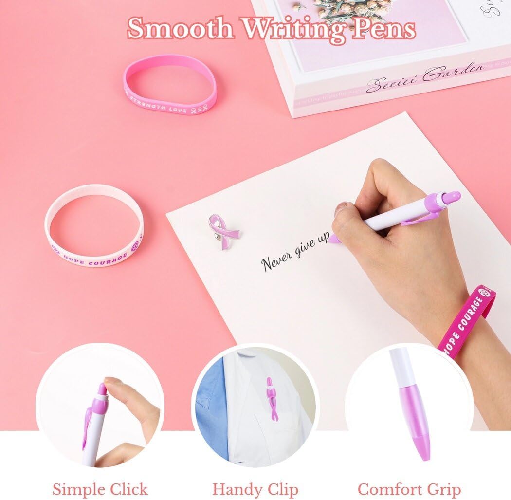 108 piezas de accesorios de concientización sobre el cáncer de mama, bolígrafos de bola con cinta rosa, pulseras de silicona, broches de aleación,