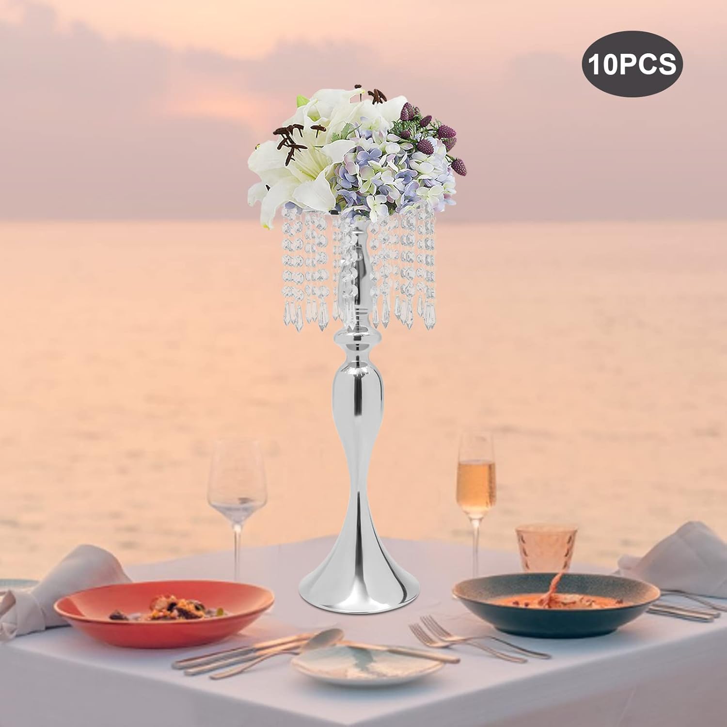 Soporte de flores de cristal plateado, centros de mesa de boda para mesas, 10 piezas de plomo de carretera, jarrón de metal para mesas de recepción,