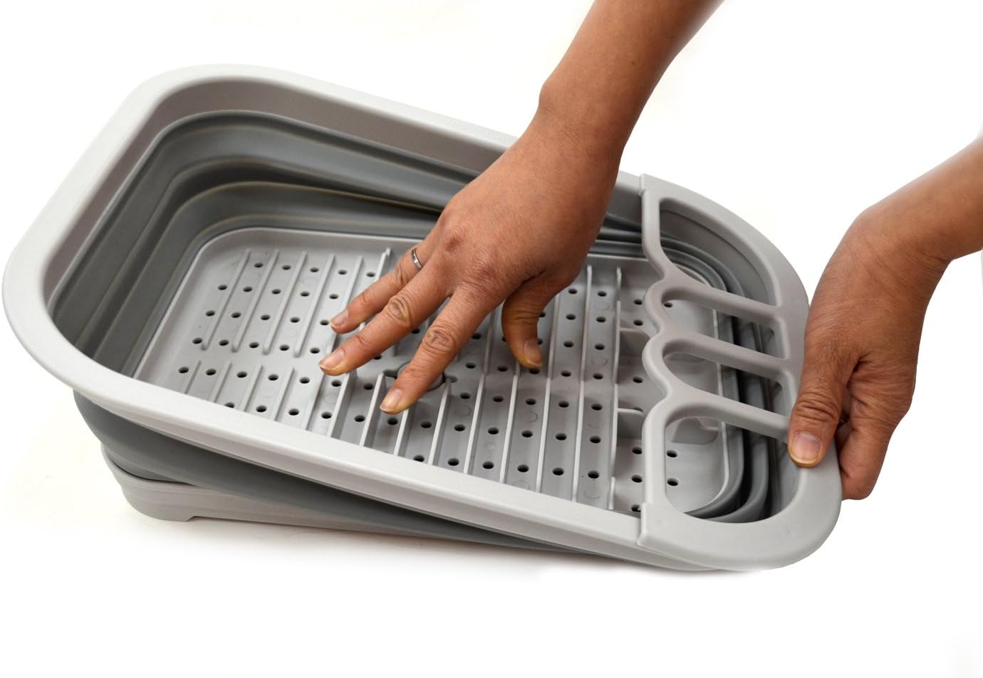 SAMMART Juego de 2 piezas de cocina y exterior escurridor de platos plegable con tablero escurridor y bañera de plástico plegable (2, gris)