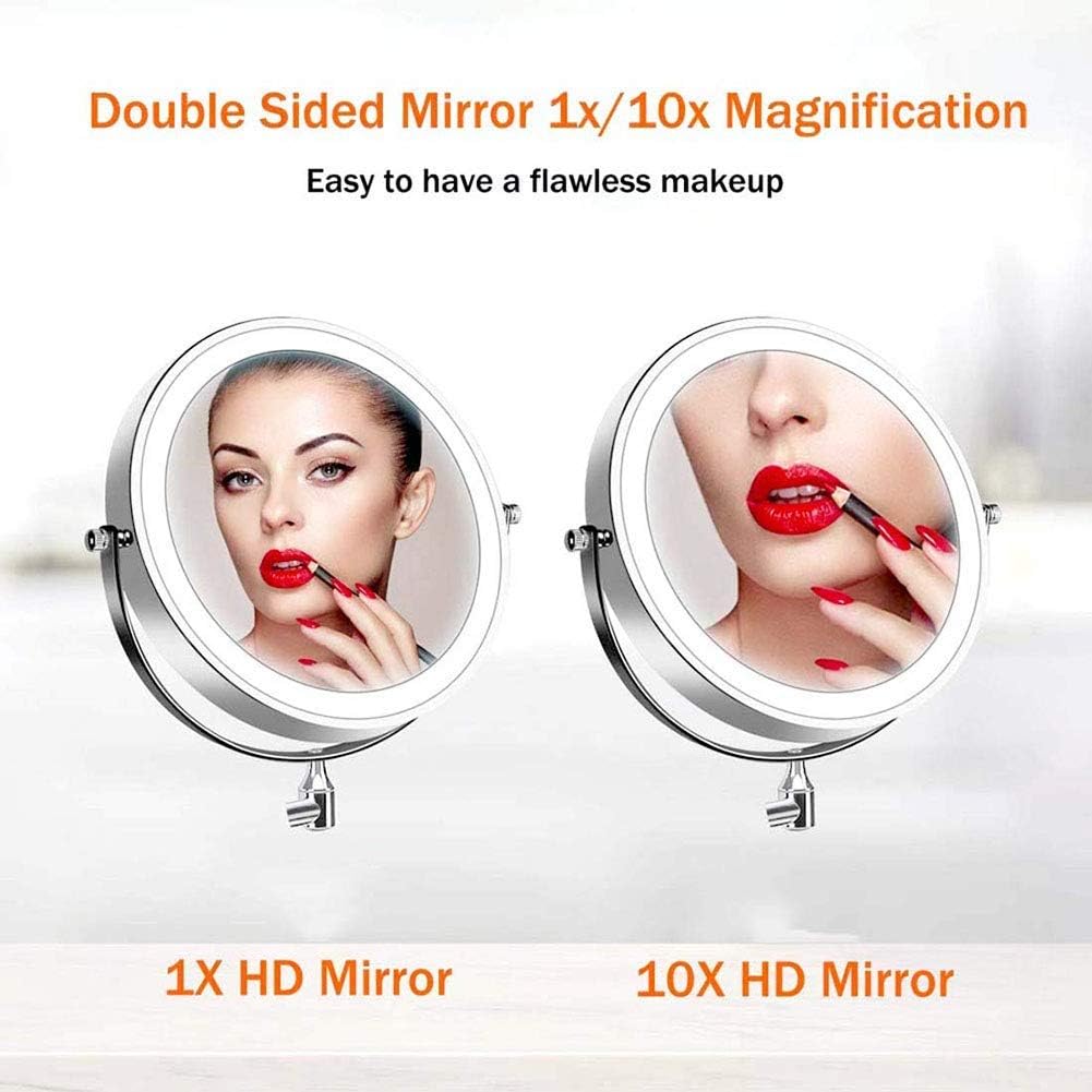 Espejo de maquillaje con iluminación LED de 10 aumentos, espejo de maquillaje de doble cara giratorio de 360, espejo de tocador LED para baño,