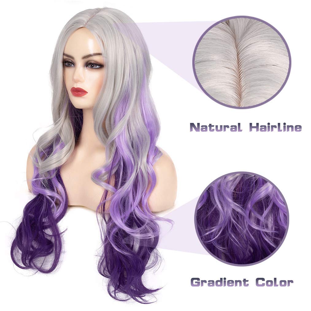 Peluca larga y rizada ondulada gris plateado a morado con parte lateral de aspecto natural sintético Cosplay peluca para mujeres