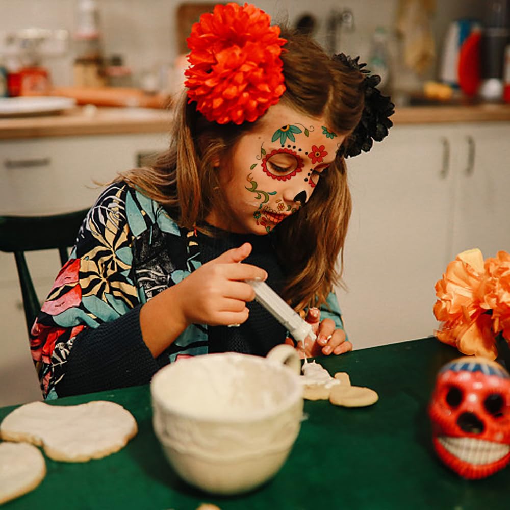 Hying 9 tatuajes temporales del Día de los Muertos, tatuajes de esqueleto de Halloween, tatuajes faciales de calavera floral de azúcar, calcomanías