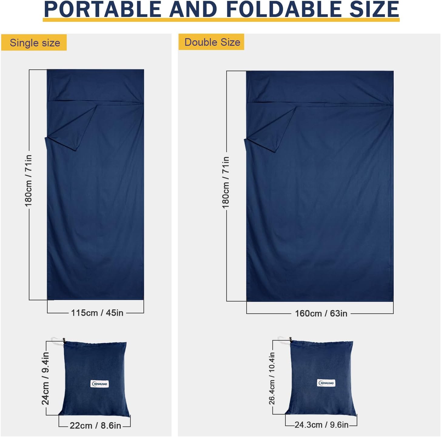 KOMUSMO – Forro para saco de dormir con cremallera, saco de dormir ligero de viaje, portátil, compacto, para campamento, longitud completa y 4