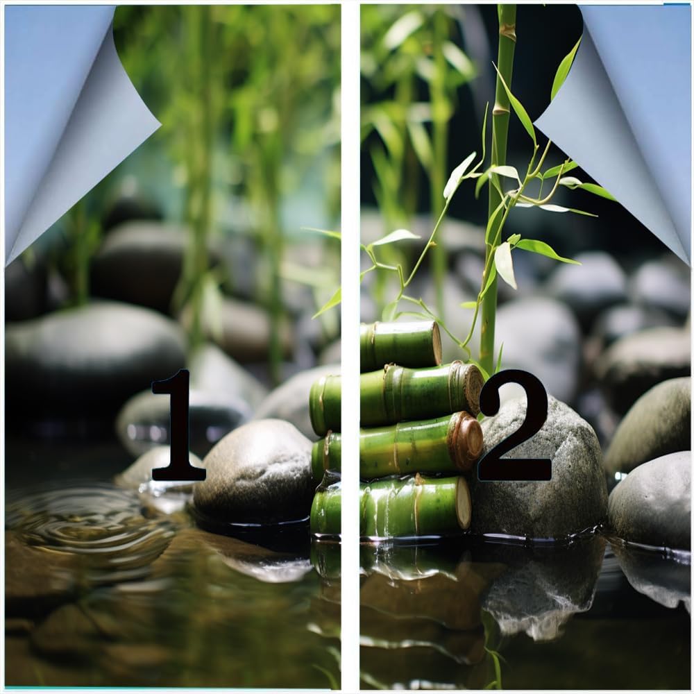 Película de privacidad de bambú para ventana de agua clara, piedra botánica bodegón, estilo moderno, vitrales, sin pegamento, película estática para
