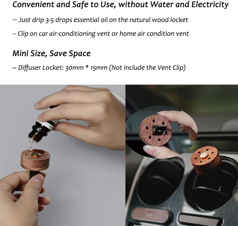 Yeejok Difusor de aceite esencial para automóvil con clip de ventilación, difusor de aromaterapia de piedra de lava de acero inoxidable de madera,
