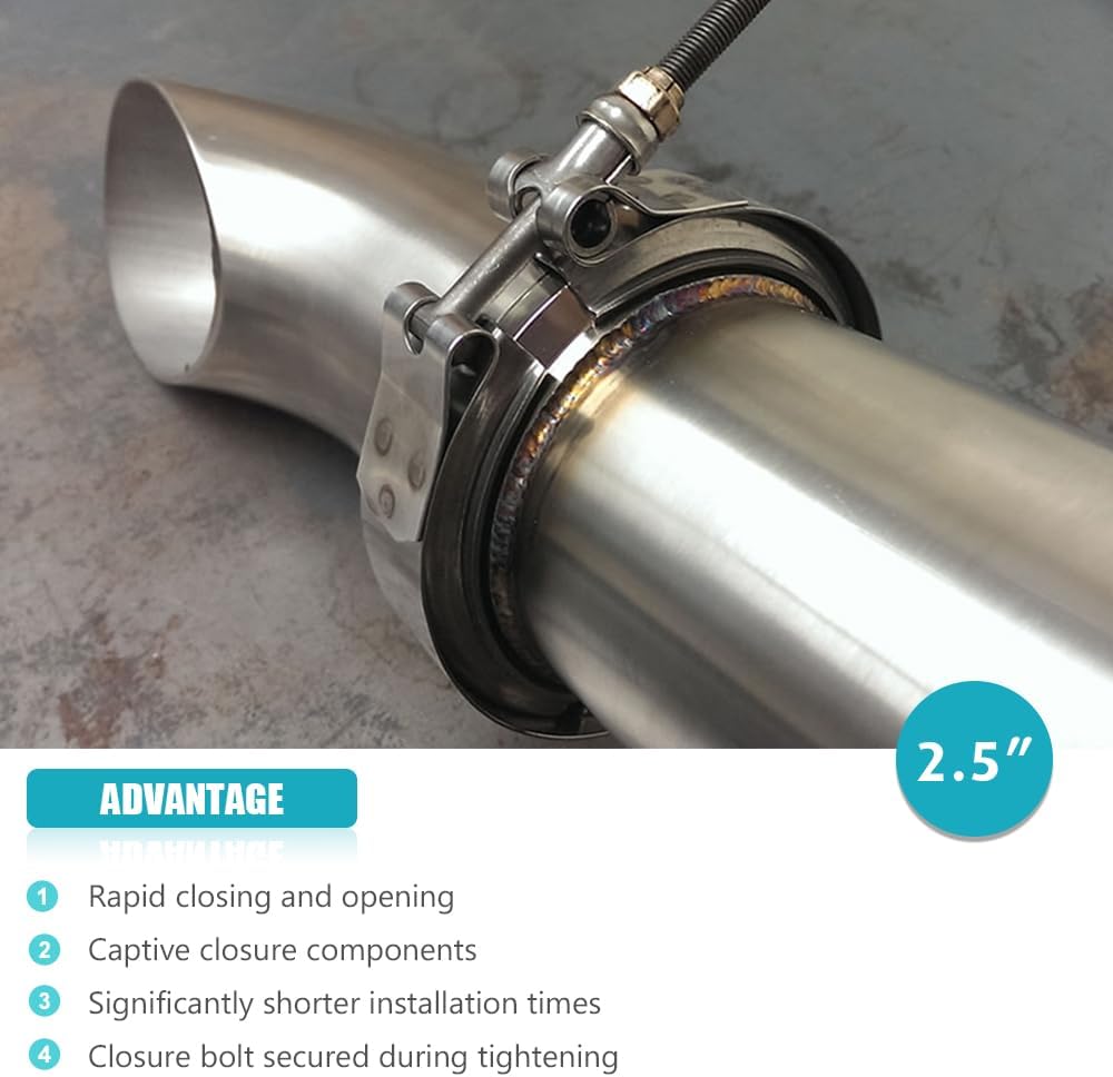 Abrazadera de banda en V de escape de acero inoxidable de 2.5 pulgadas y 2.5 pulgadas para turbo, bajantes, sistemas de escape, 2 unidades