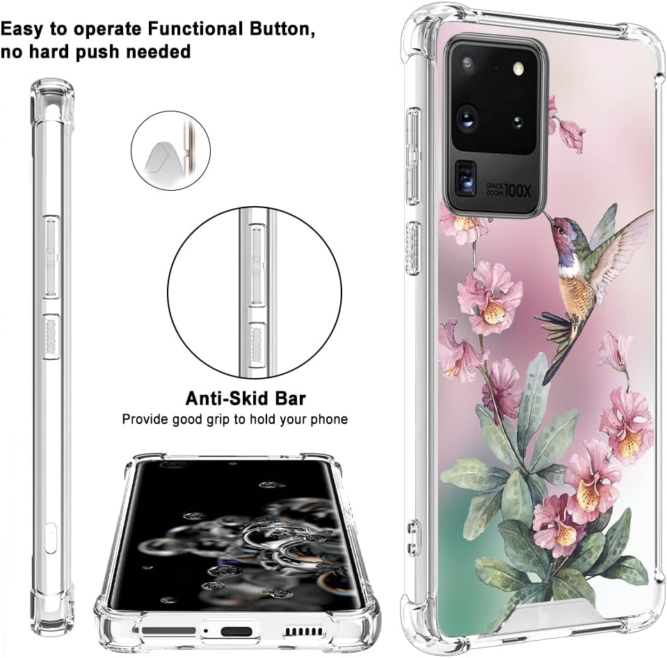 OOK Funda transparente compatible con Samsung Galaxy S20 Ultra, diseño de colibrí rosa, flexible, TPU a prueba de golpes, antiarañazos, funda