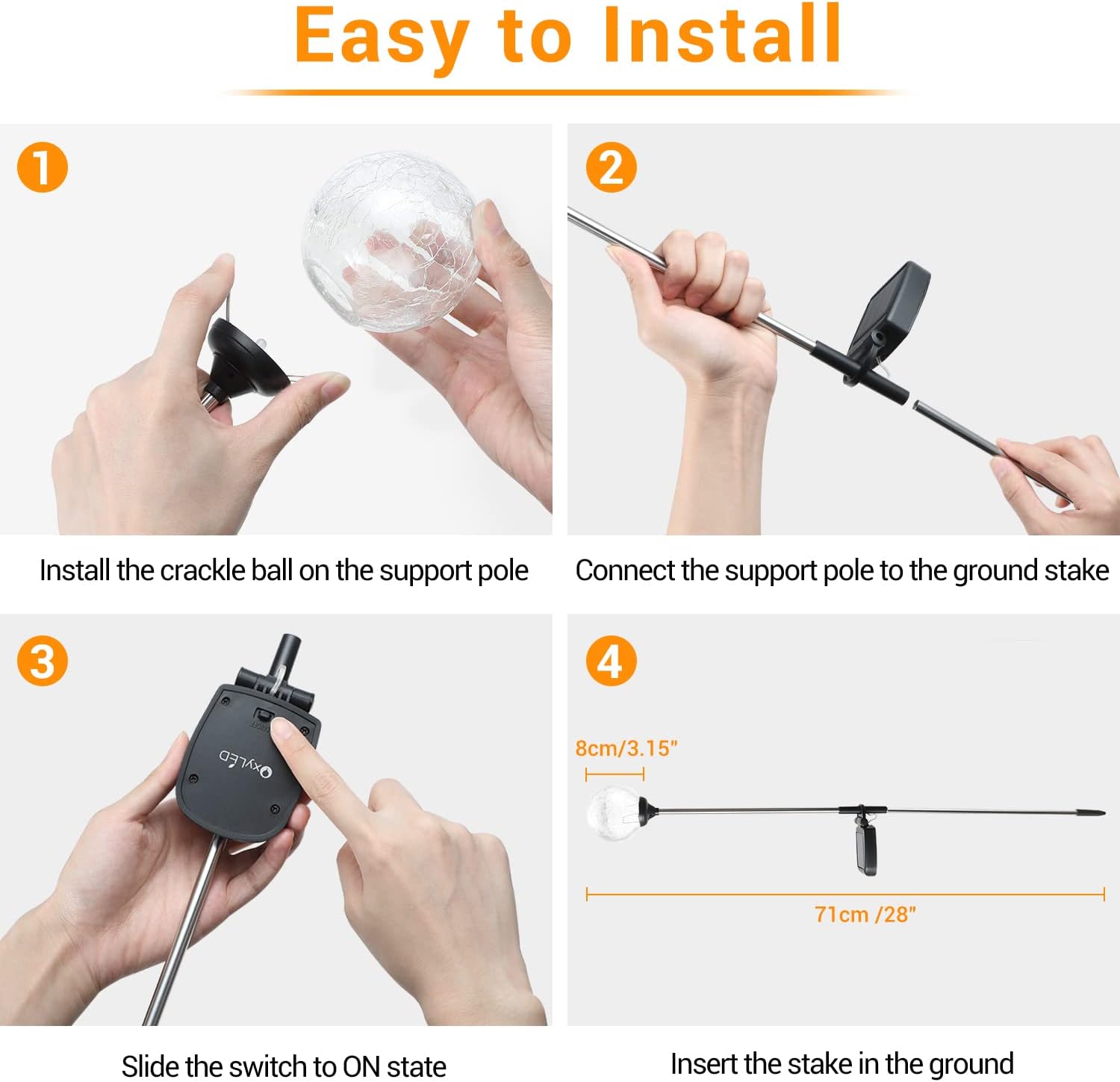 Luces solares para exteriores, paquete de 4 luces LED solares de cristal agrietado de cristal, luces solares de bola de estaca que cambian de color,