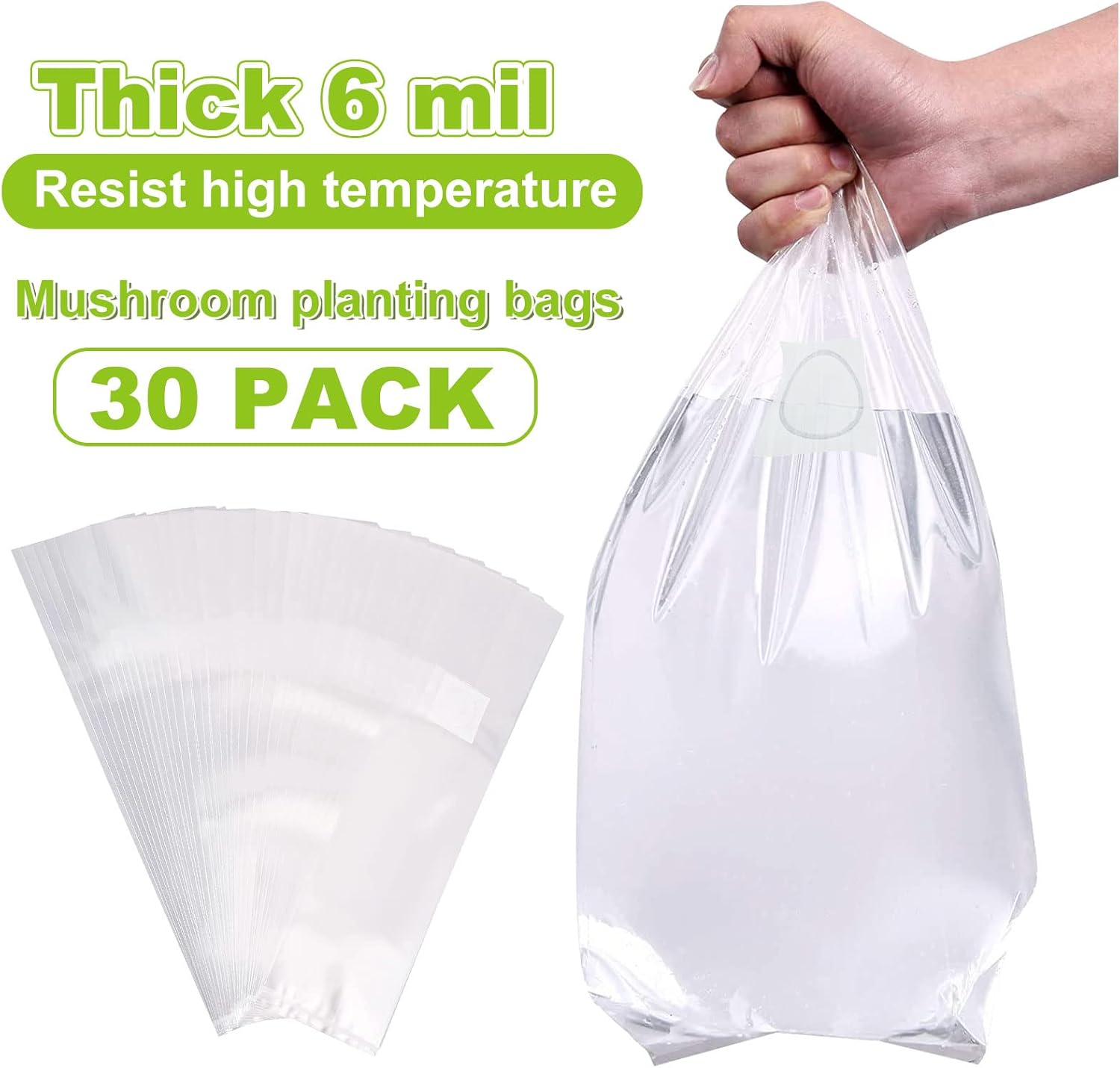 Paquete de 30 bolsas de cultivo de hongos, bolsas de crecimiento de hongos extra gruesas de 6 mil, bolsa de cultivo de hongos de 20 x 8 x 3 pulgadas