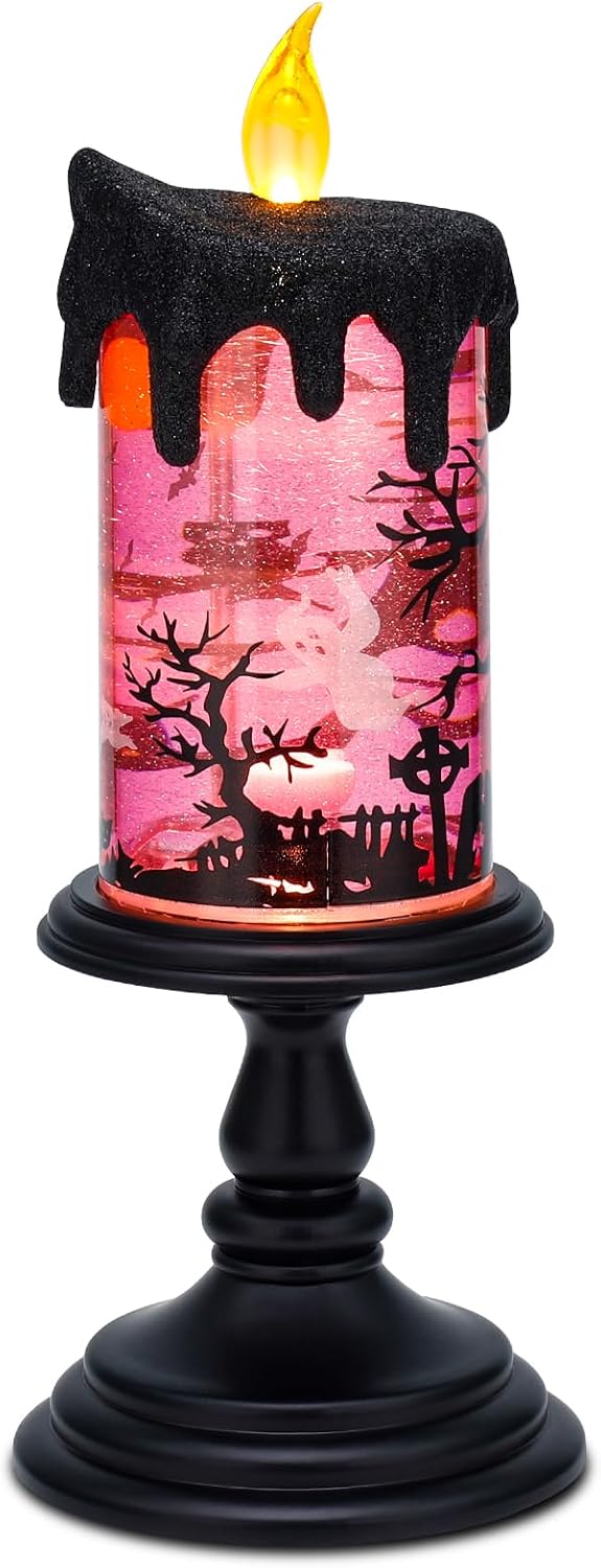Lámpara iluminada de globo de nieve de Halloween, velas sin llama iluminadas con remolinos de purpurina de agua y movimiento espeluznante, funciona