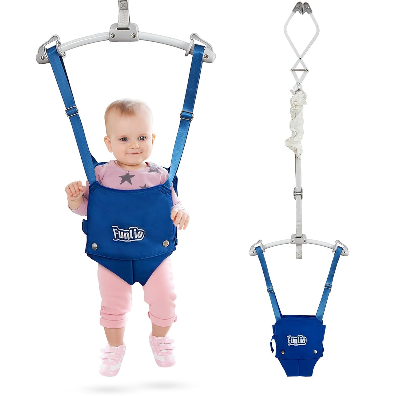 FUNLIO Saltador de puerta para bebé de 6 a 24 meses (con abrazadera de puerta), puerta de puente para bebé con resorte fuerte y correa ajustable,