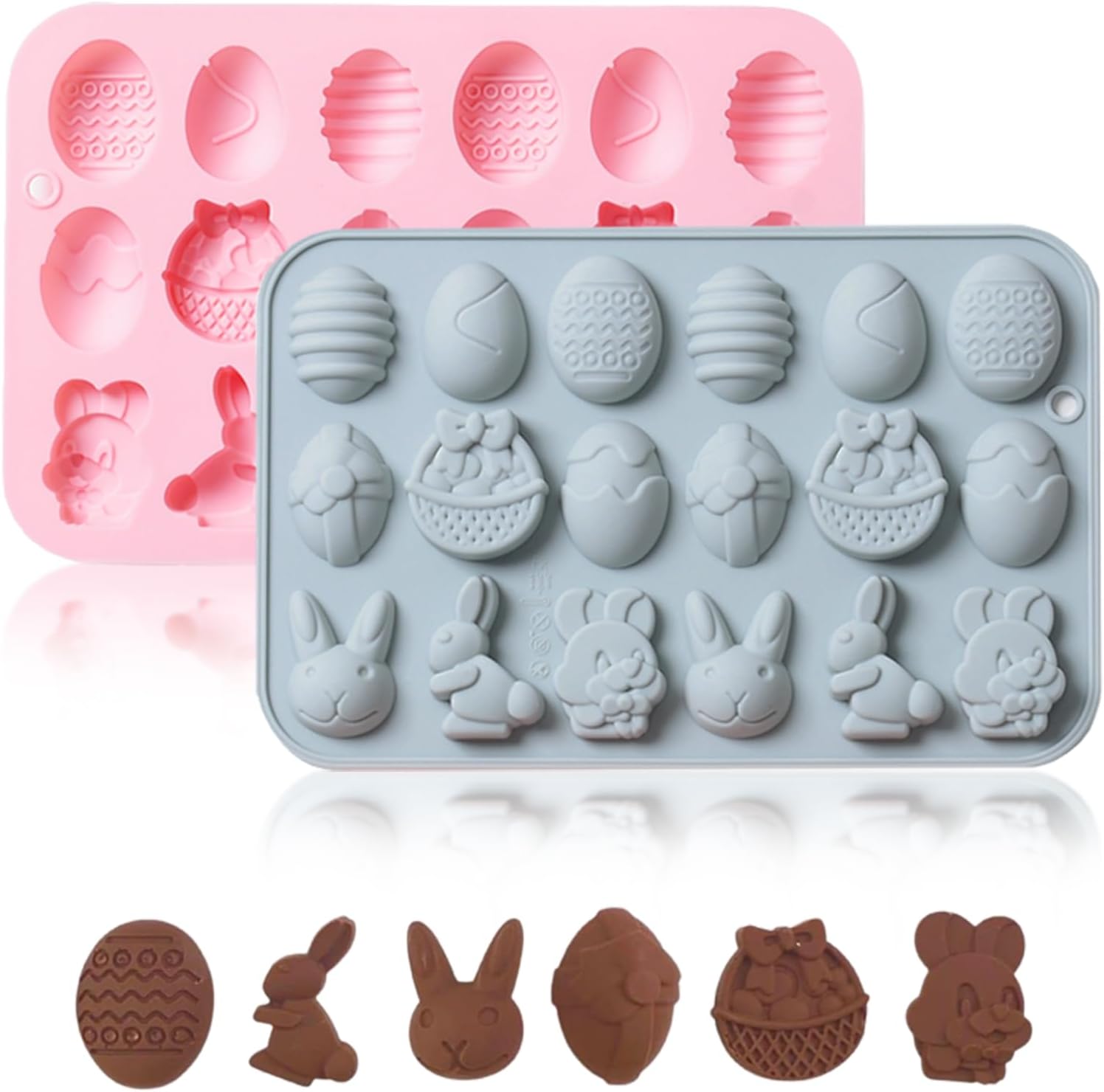 Juego de 2 moldes de silicona para chocolate de Pascua  36 cavidades de conejo, huevo, cabeza de conejo, formas de cesta, moldes antiadherentes de