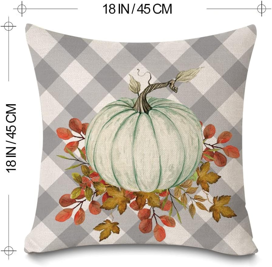Juego de 4 fundas de almohada de otoño de 18 x 18 pulgadas, diseño de búfalo gris, acuarela, calabaza, camión, casa de campo, flores de eucalipto,