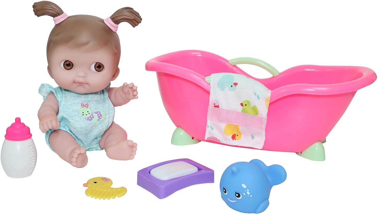 JC Toys Lil Cutesies – Juego de regalo de muñeca de bebé de vinilo de 9 pulgadas, posable y lavable, traje extraíble, baño de bebé y accesorios a