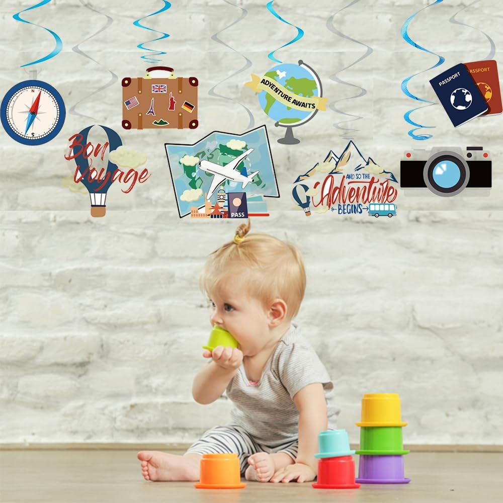 30 decoraciones de fiesta de espirales colgantes con temática de viaje, suministros de fiesta para fiesta de cumpleaños, fiesta de jubilación,