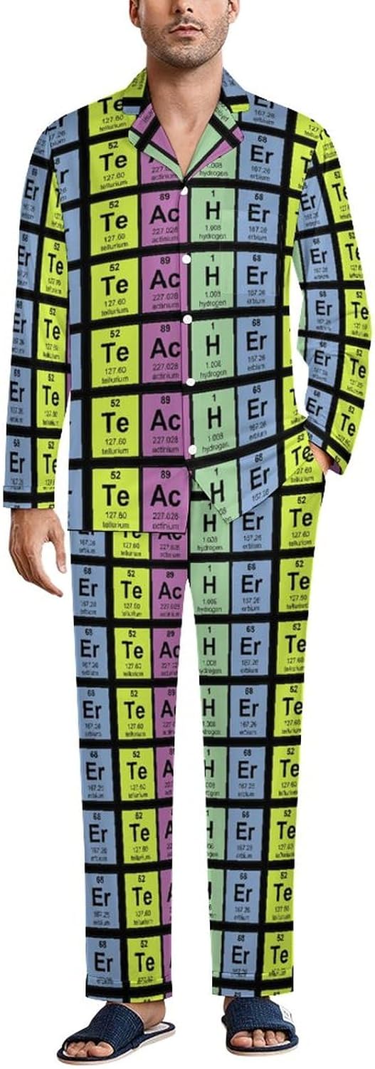 Science Teacher Chemical Elements Men’s Pajama Set Button Down Classic Sleepwear Long Sleeve Loungewear With Pocket