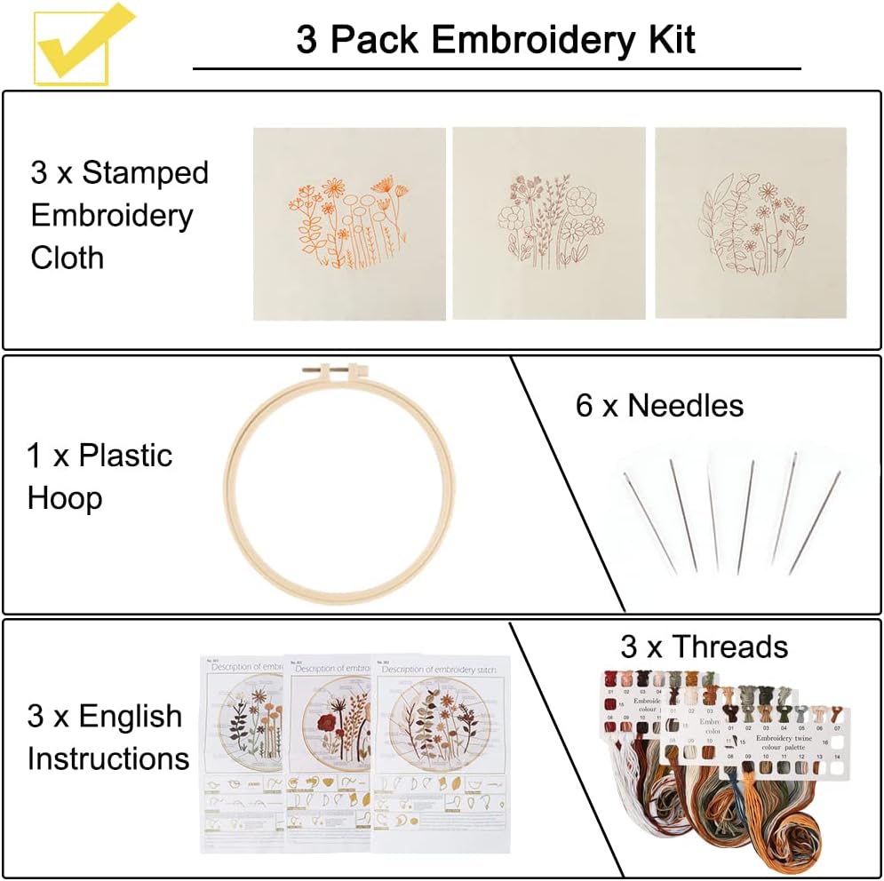 Uphome Paquete de 3 kits de bordado para principiantes con estampado de punto de cruz con bonitos patrones de flores y plantas con 1 aro de bordado