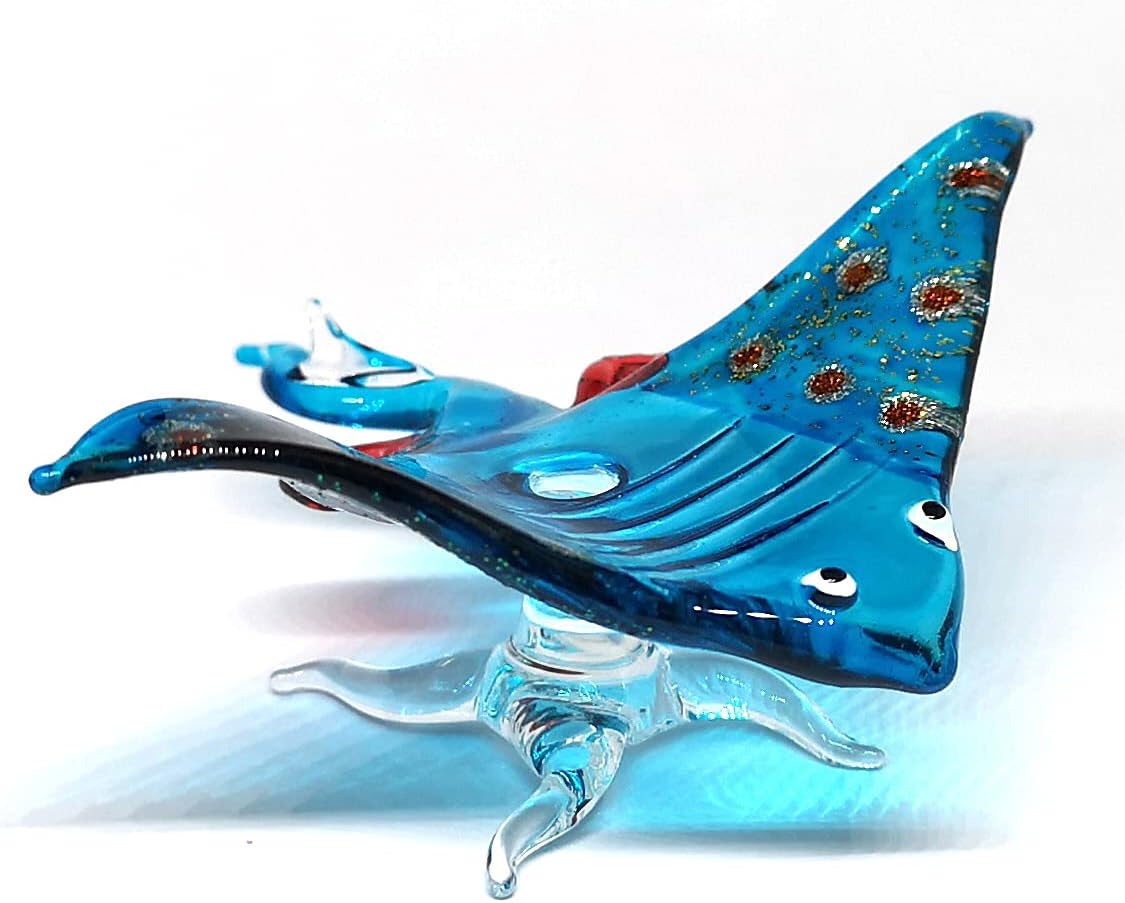 ZOOCRAFT Figura de cristal de mantarraya azul soplado a mano, adorno coleccionable para acuario en miniatura, decoración costera, 3.0 x 3.1 x 1.3