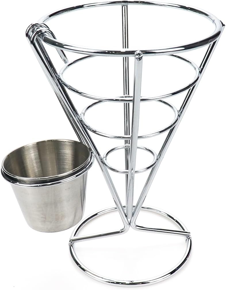 Geesatis Soporte para papas fritas, cesta de cono, soporte de alambre para freír con soporte para salsa, estante de exhibición de bocadillos de