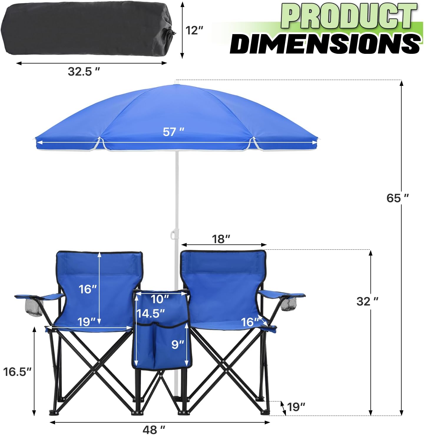 Magshion Silla de campamento doble con paraguas y enfriador para adultos, silla plegable de alta resistencia, color azul marino